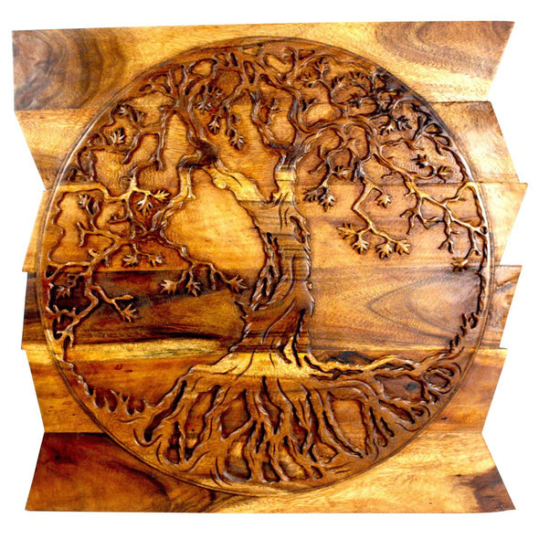 Wood Tree of Life Round on Uneven Boards 36 x 36 in Walnut