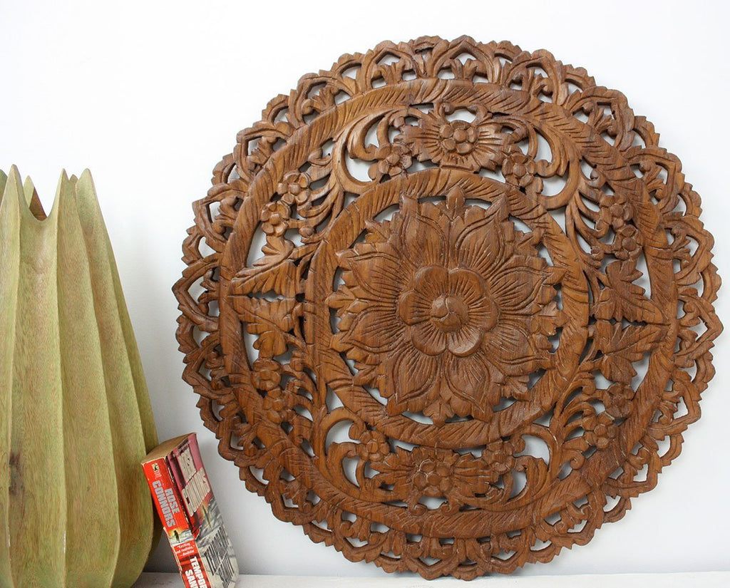 Haussmann® Teak Lotus Panel Inlay Round 60 cm H Brown Stain Wax - Haussmann Inc