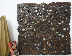 Teak Lotus Panel Inlay Square 60 cm H Black Stain Wax