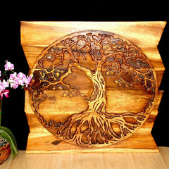 Wood Tree of Life Round on Uneven Boards 36 x 36 in Walnut